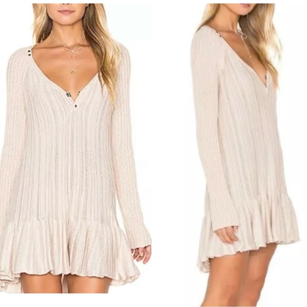 Free People Ribs & Ruffles Knit Pink Tunic Sweater  Ruffle Hem Stud Accents